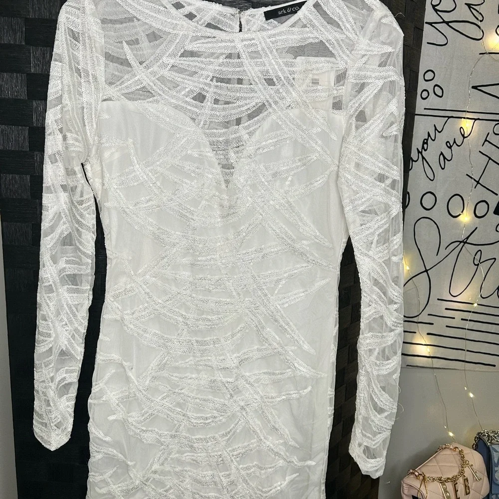 White Long Sleeve Sequin Dress - Picture 2 of 6